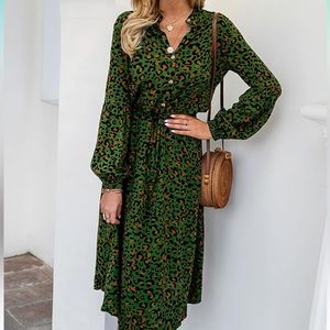 Long Sleeve Leopard Print Midi Dress Button A-Line High Waist Dresses with Belt